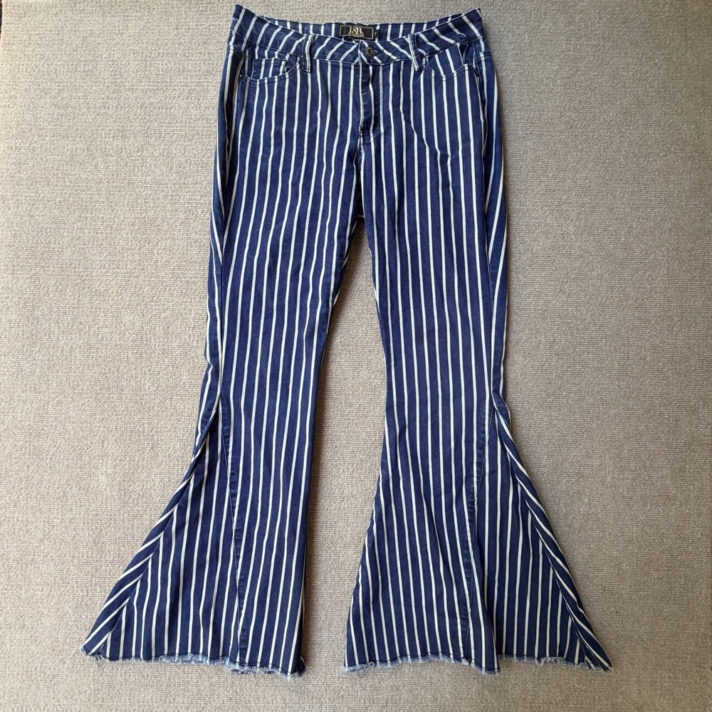 Lucky & Blessed Flare Jeans Women Size 8 Blue White Striped Bell Bottom Western